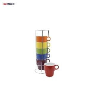 6 x Espresso Coffee Ceramic Stackable Mugs & Stand 65UN66